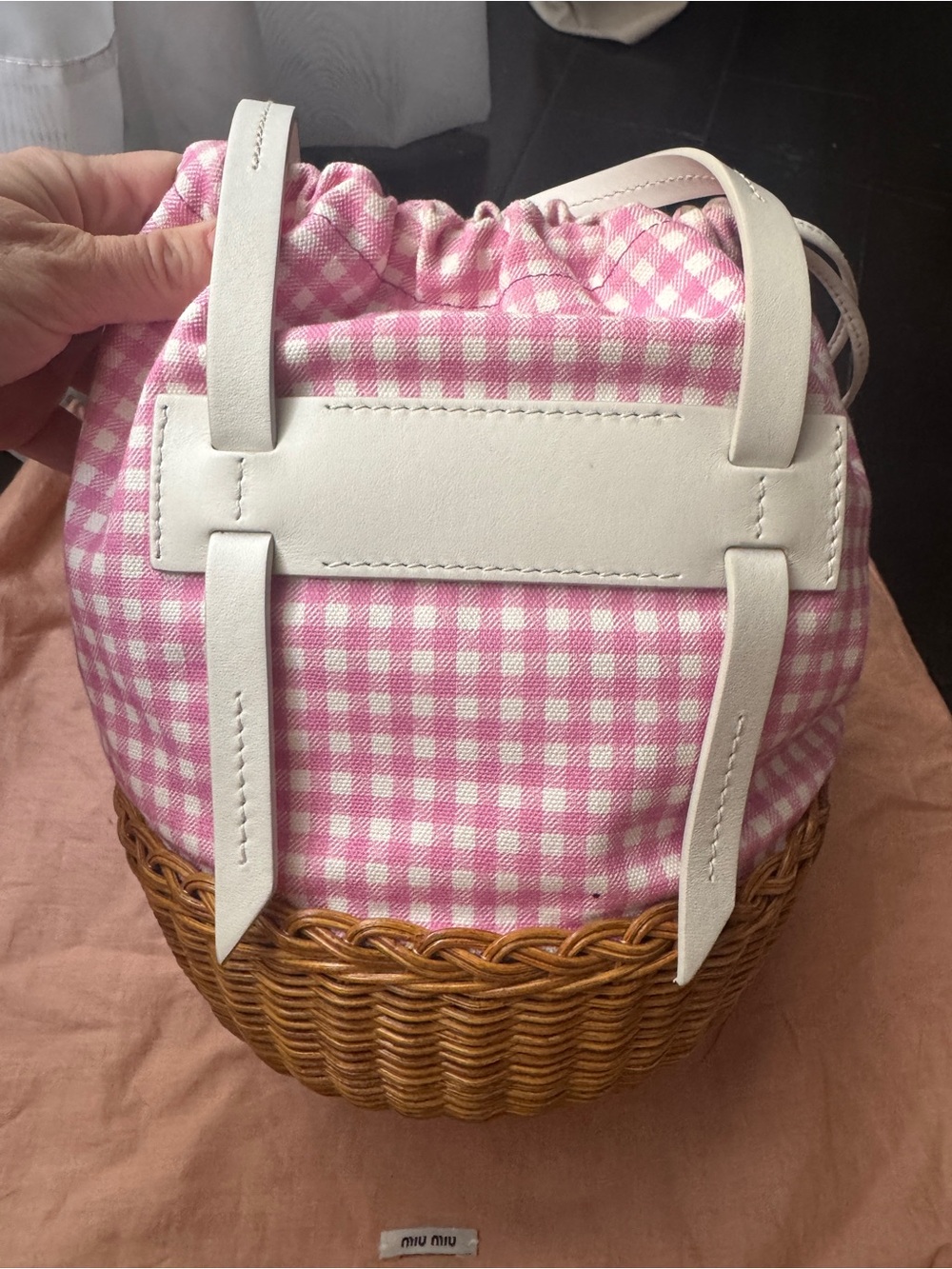Miu Miu Pink Gingham Wicker Basket Bag - Picture 2 of 4